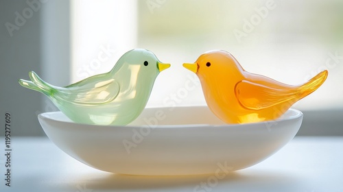 Two Glass Birds in a White Bowl: A Romantic Decorative Piece for Home photo