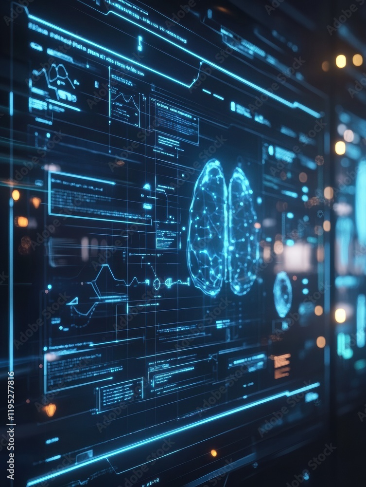 Diagnostic medical data displayed on a futuristic screen showing brain analysis and various biometric indicators. Generative AI Diagnostic medical data displayed on a futuristic screen showing brain analysis and various biometric indicators. Generative AI