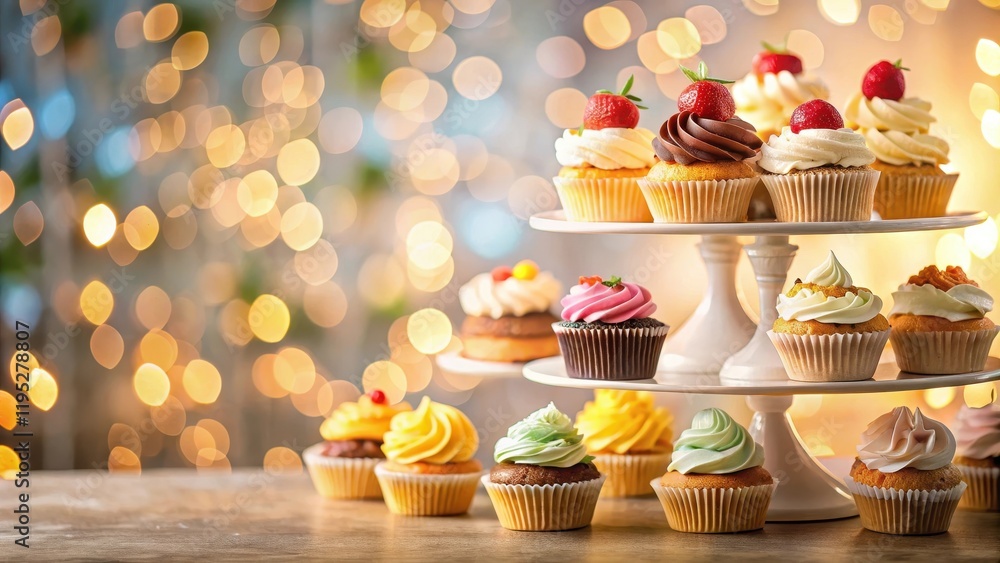Dessert stand with cupcakes on blurred background, baked goods, food display Dessert stand with cupcakes on blurred background, baked goods, food display