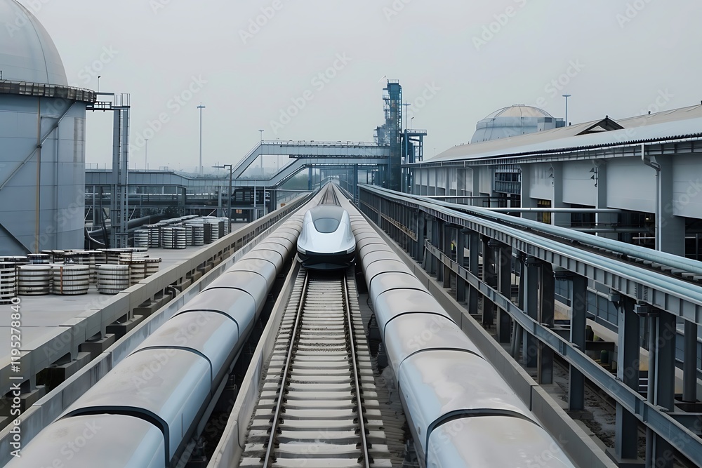 A maglev train travels on elevated tracks beside a large industrial facility. Grey metallic structures and pipes are prominent. The train is sleek and modern. A maglev train travels on elevated tracks beside a large industrial facility. Grey metallic structures and pipes are prominent. The train is sleek and modern.