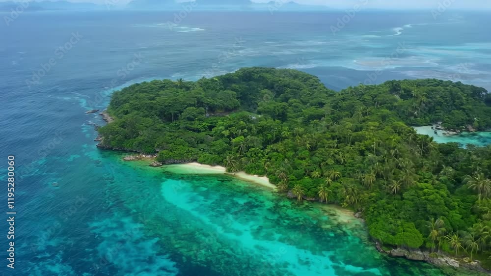 Aerial view of a lush tropical island with clear turquoise waters and sandy beaches. Aerial view of a lush tropical island with clear turquoise waters and sandy beaches.