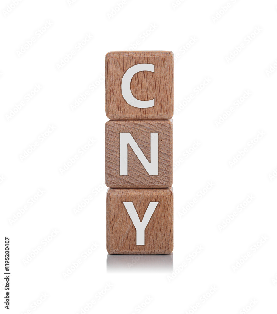 Wooden cubes with the inscription CNY on a white background.