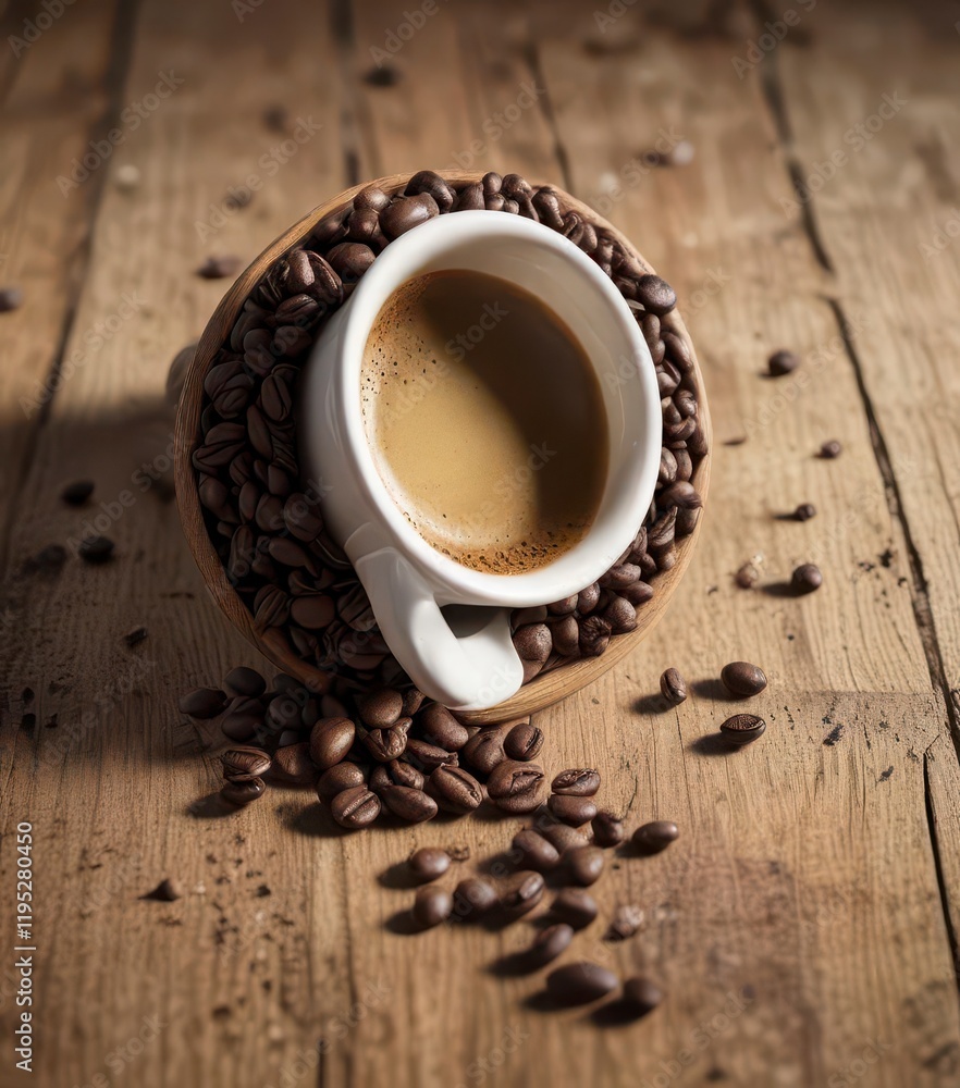 Coffee beans spilling out of a worn-out espresso cup onto an antique wooden surface,  liquid,  wood, beans