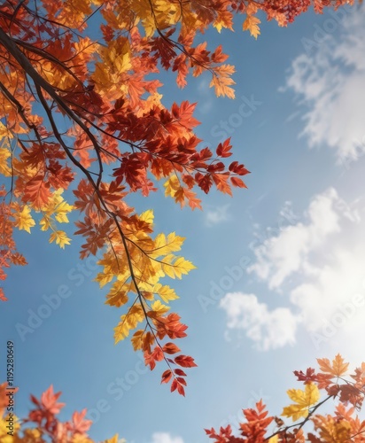 Colorful autumn leaves branch stretching towards the sky,  leafy,  autumn, fall
