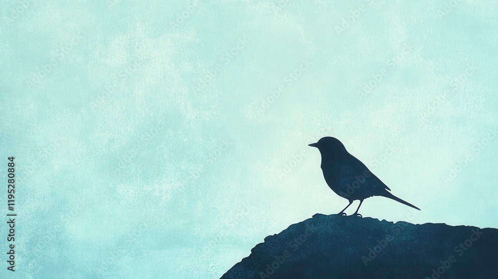 Fototapeta premium Minimalist silhouette of a single bird perched on a rocky outcrop against a serene pastel sky