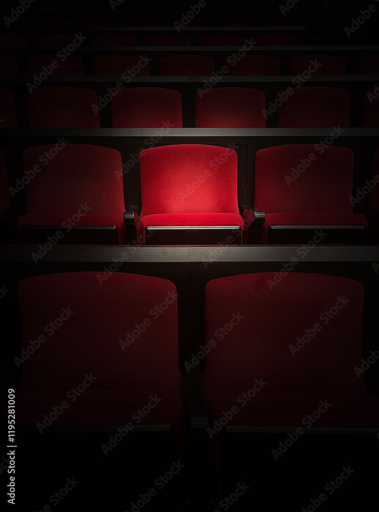 Obraz premium 映画館のスポットライトで浮かぶ赤の座席 