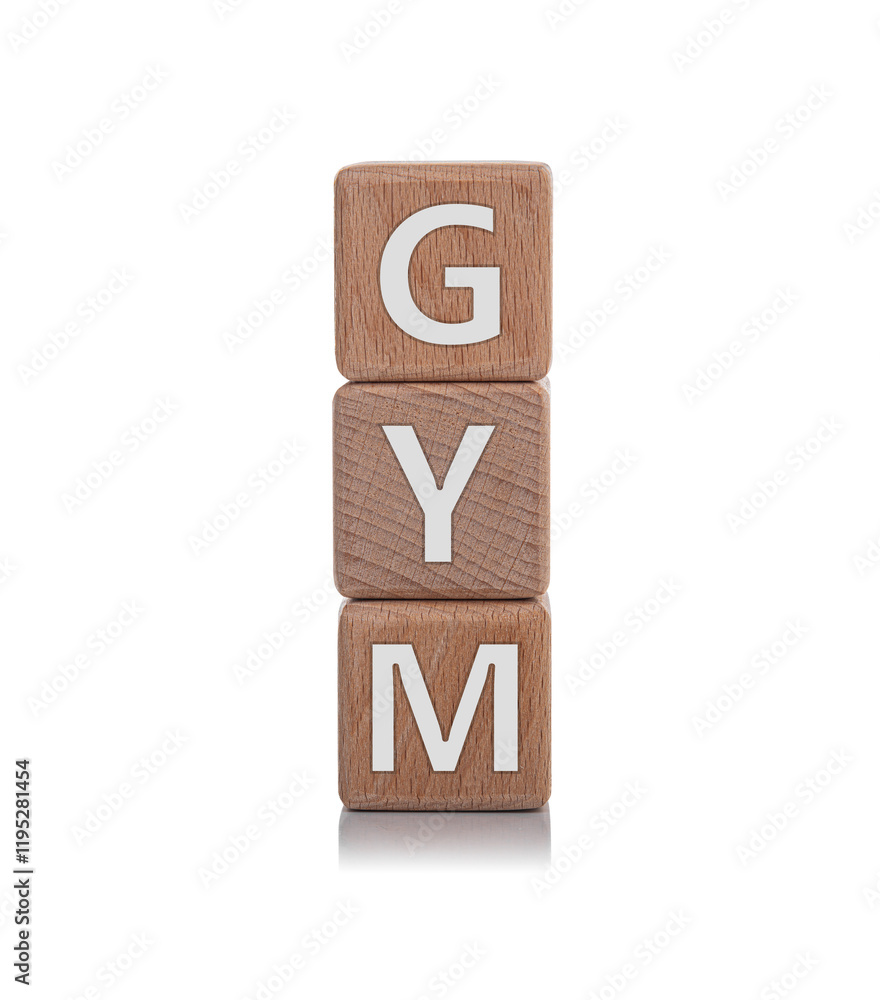 Wooden cubes with the inscription GYM on a white background.