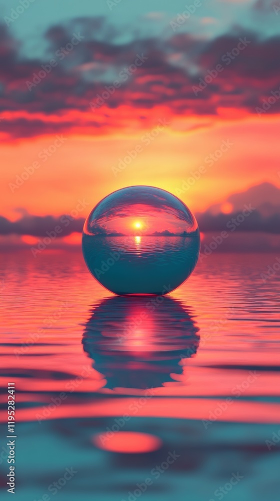 A solitary reflective 3D orb glowing under the hues of a fiery sunset A solitary reflective 3D orb glowing under the hues of a fiery sunset