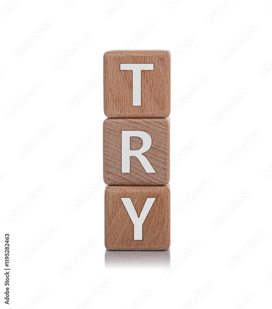 Wooden cubes with the inscription TRY on a white background.