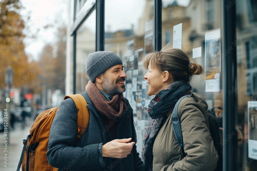 A middle-aged couple with backpacks, discussing property ads in the window of a French real estate agency during a cloudy morning 2 A middle-aged couple with backpacks, discussing property ads in the window of a French real estate agency during a cloudy morning 2