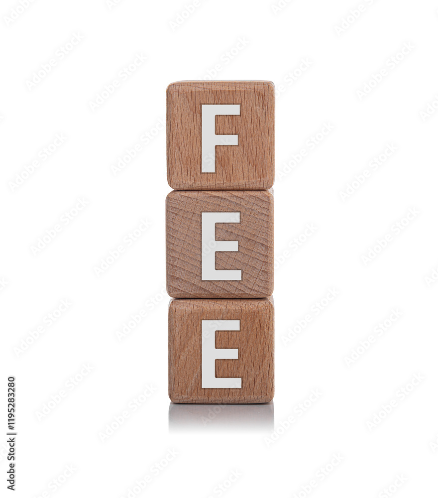 Wooden cubes with the inscription FEE on a white background.