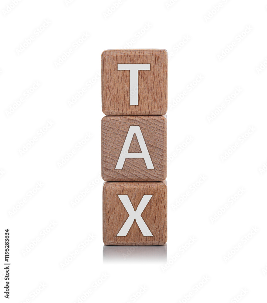 Wooden cubes with the inscription TAX on a white background.