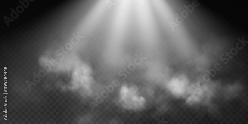 Image of soft rays of light illuminating fog and light haze, creating a magical and ethereal atmosphere on a dark transparent background.