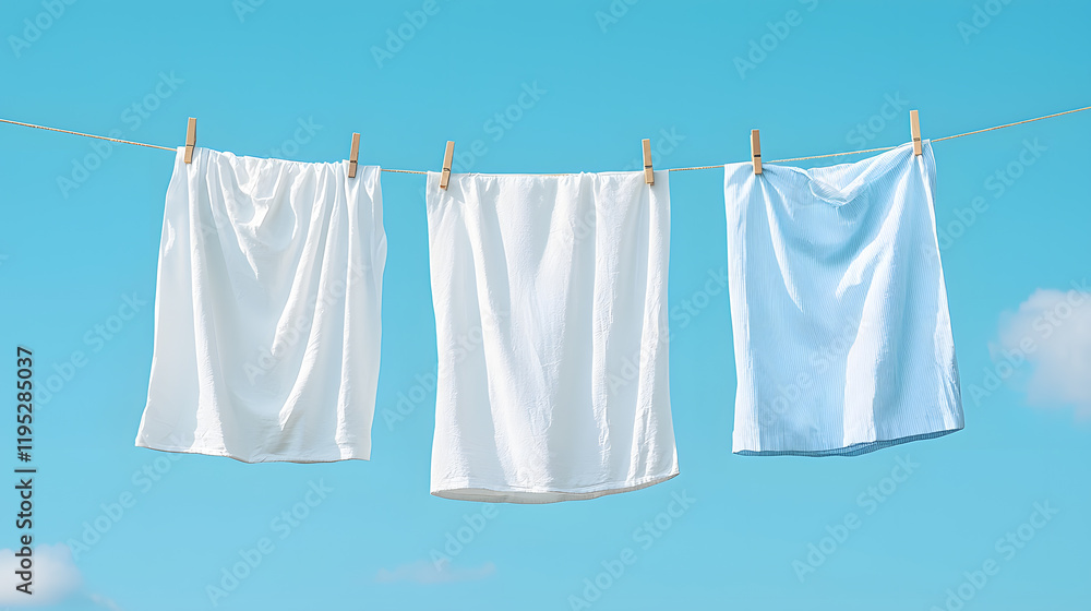 Laundry. Hanging bed sheets to dry in the wind with clothespins, 0n light blu sky background. Laundry. Hanging bed sheets to dry in the wind with clothespins, 0n light blu sky background.
