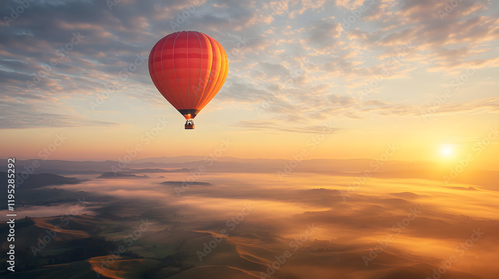 A serene sunrise viewed from a hot air balloon with rolling hills and scattered fog below. A serene sunrise viewed from a hot air balloon with rolling hills and scattered fog below.