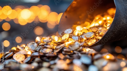 Golden nuggets pouring scoop with bokeh lights photo