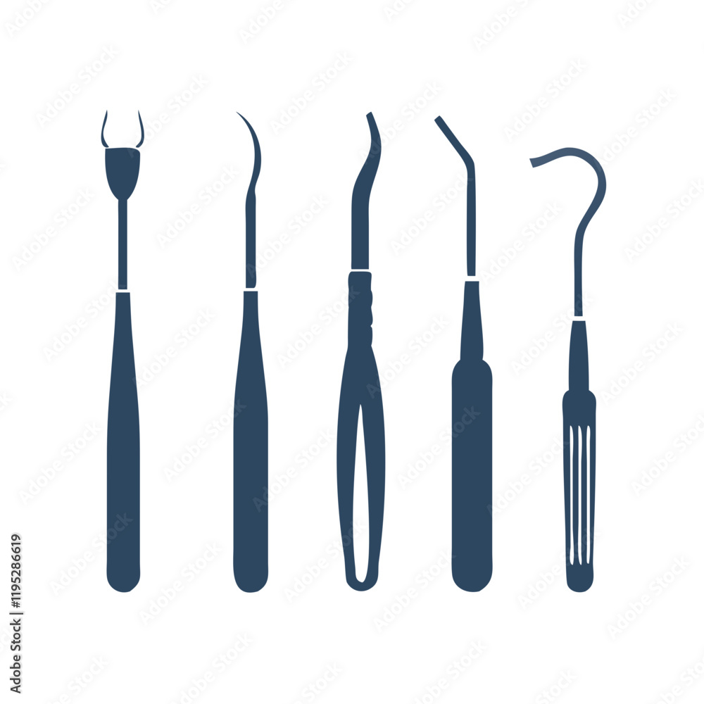 Set of black dental tools with modern minimalist style Set of black dental tools with modern minimalist style