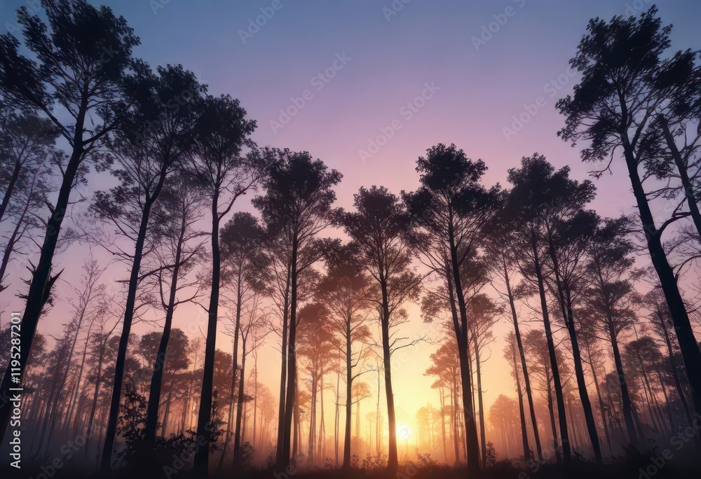 Fototapeta premium Dense forest with blue silhouette of trees against sunset sky, wildlife, sunset, silhouettes