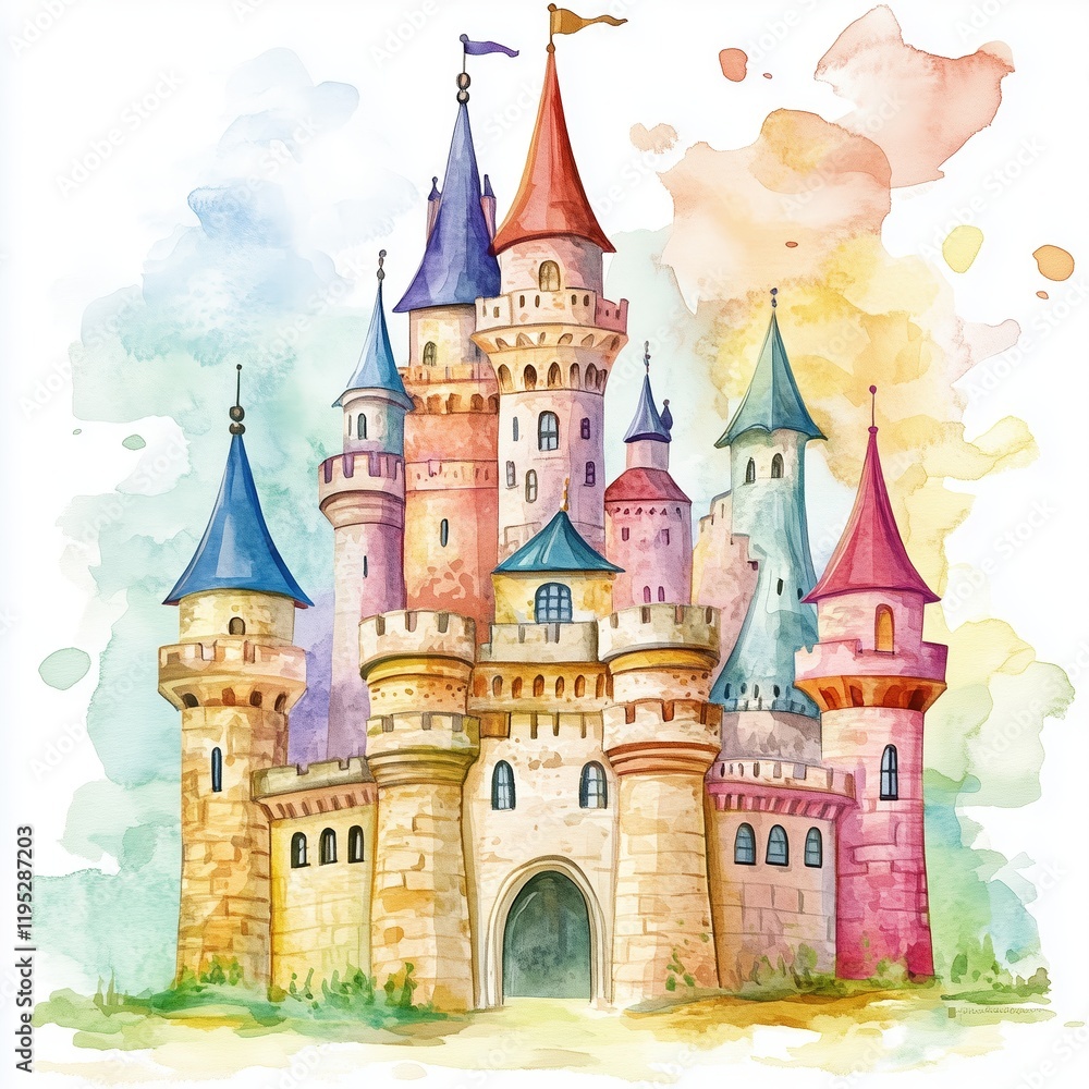 Fototapeta premium Colorful fairy tale castle illustration with vibrant turrets and whimsical architecture