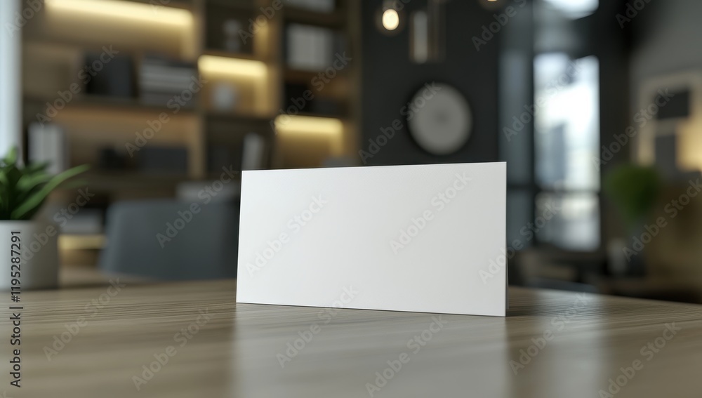 Blank Business Card Mockup: A pristine, blank business card sits prominently on a wooden table in a modern, sleek office setting. The card is perfectly positioned for showcasing your brand or design. Blank Business Card Mockup: A pristine, blank business card sits prominently on a wooden table in a modern, sleek office setting. The card is perfectly positioned for showcasing your brand or design.