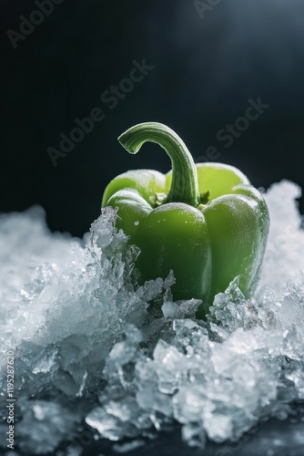 Frozen green pepper nestled in ice. © jambulart