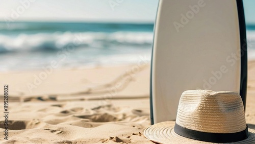 Surfboard and straw hat on sandy beach with ocean waves in the background, ideal for summer themes photo