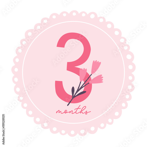Baby milestone card with flower for newborn girl 3 months. Baby shower print for special moments. Baby month anniversary card.