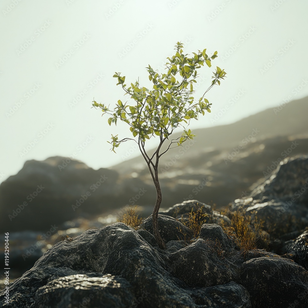 Young Tree Sprouting Amidst Rocky Terrain, Basking in Sunlight Young Tree Sprouting Amidst Rocky Terrain, Basking in Sunlight