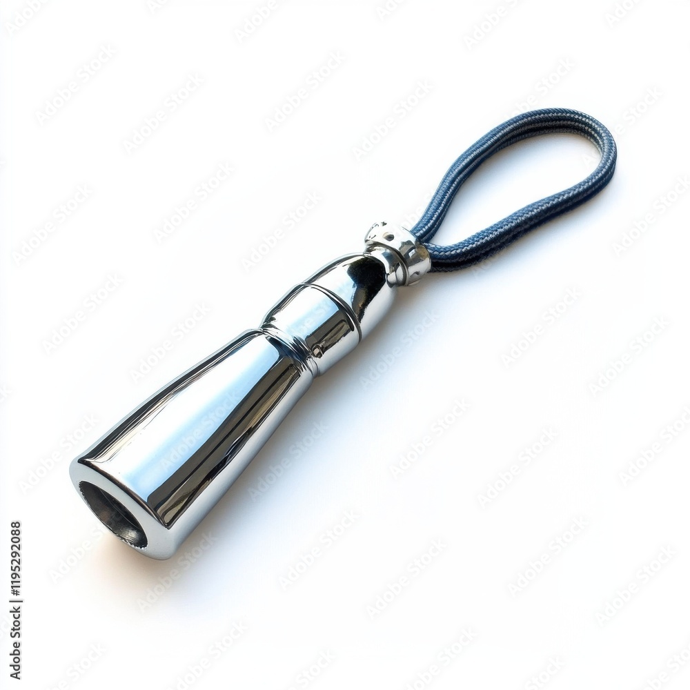 Shiny metallic whistle with lanyard resting on a flat surface Shiny metallic whistle with lanyard resting on a flat surface