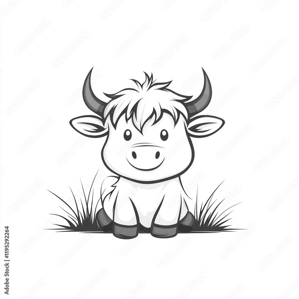 Cartoon yak sitting in grass on white background for kids' content Cartoon yak sitting in grass on white background for kids' content