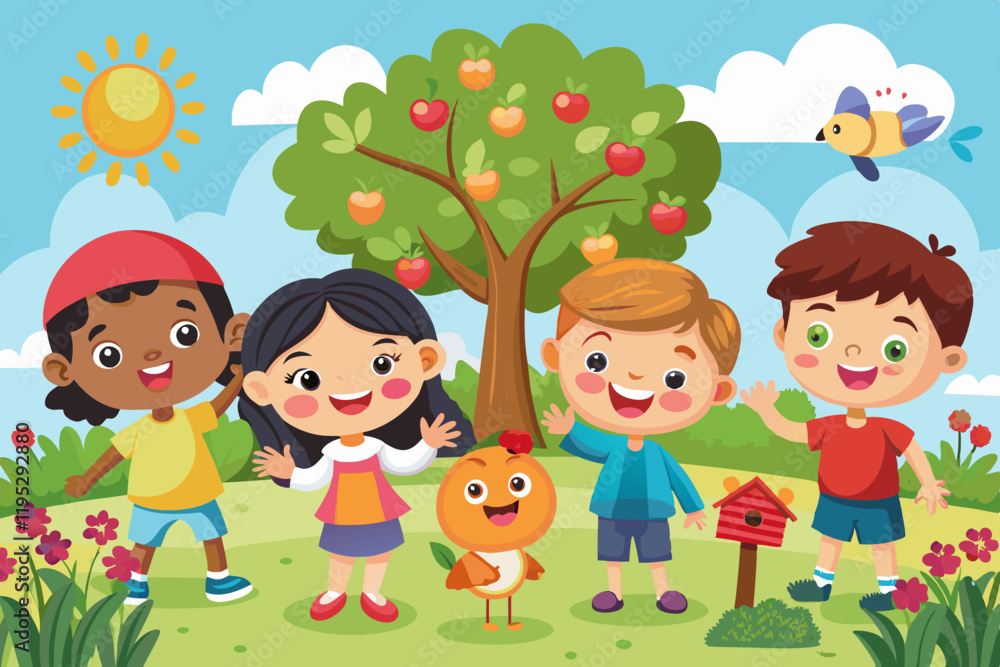 Cheerful Cartoon Children Playing Under Apple Tree with Friendly Animals on Summer Day Cheerful Cartoon Children Playing Under Apple Tree with Friendly Animals on Summer Day
