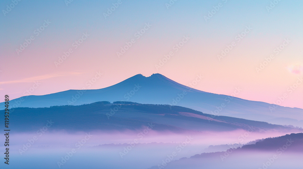 A mountain peak surrounded by mist at sunrise, with the top of the image clear for text placement against the soft gradient sky A mountain peak surrounded by mist at sunrise, with the top of the image clear for text placement against the soft gradient sky