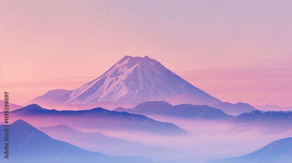 Fototapeta premium A mountain peak surrounded by mist at sunrise, with the top of the image clear for text placement against the soft gradient sky