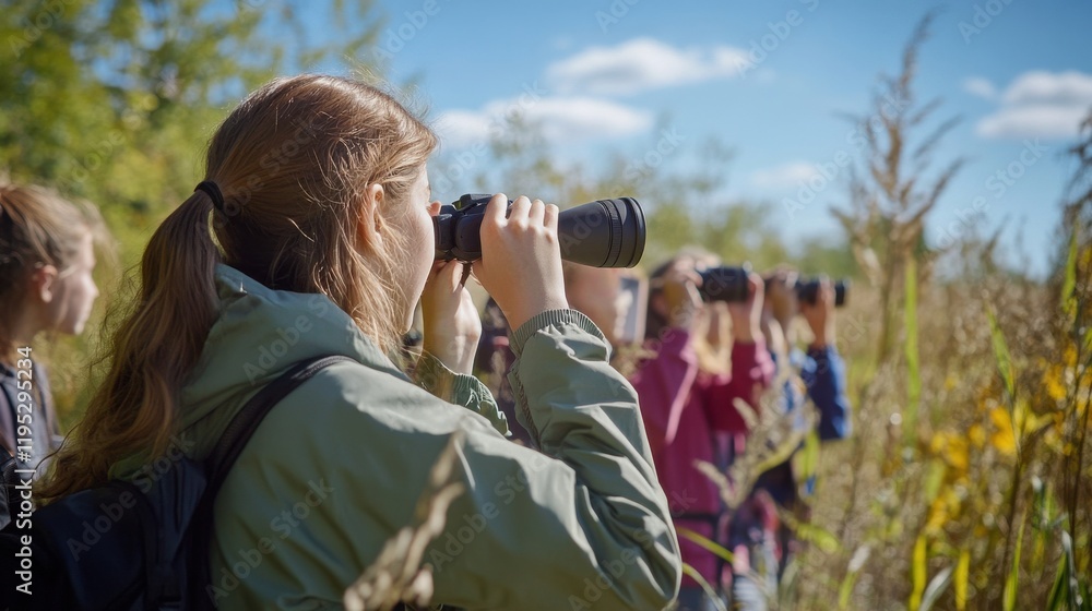 High school biology class explores nature while conducting field observations in a local area during a sunny day