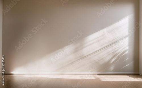 A minimalist interior design of an empty room with a large window. The room features a light beige wall and a warm wooden floor. Natural light streams through the window