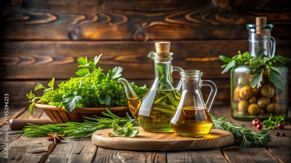 A rustic wooden table with a set of two glass bottles containing olive oil and vinegar, surrounded by fresh herbs and a pitcher of water , herbs, wooden table A rustic wooden table with a set of two glass bottles containing olive oil and vinegar, surrounded by fresh herbs and a pitcher of water , herbs, wooden table