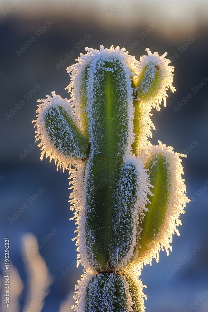 Fototapeta premium Frost-covered succulent plant, glowing sunrise.