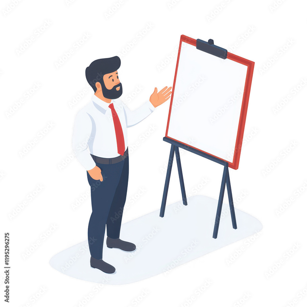 A businessman presenting ideas using an empty flip chart in a professional setting., isolated on a transparent background. A businessman presenting ideas using an empty flip chart in a professional setting., isolated on a transparent background.