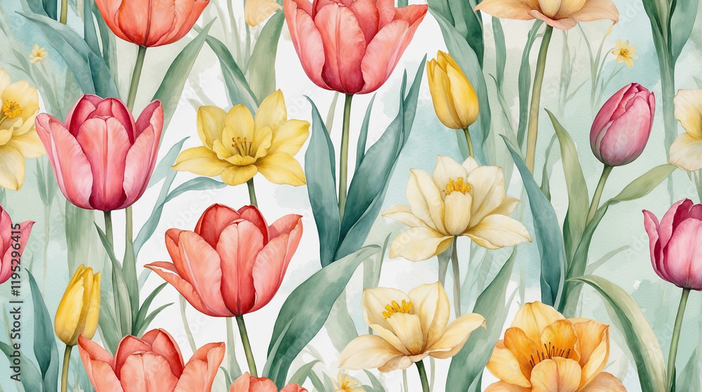 Obraz premium Watercolor background: tulips and daffodils on a matte background