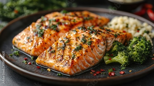 Grilled salmon fillets garnished with herbs, served with broccoli and couscous on a rustic plate