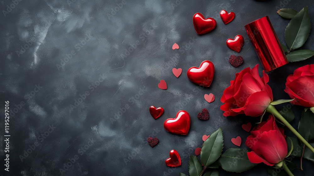Red Roses and Hearts on Dark Background Red Roses and Hearts on Dark Background