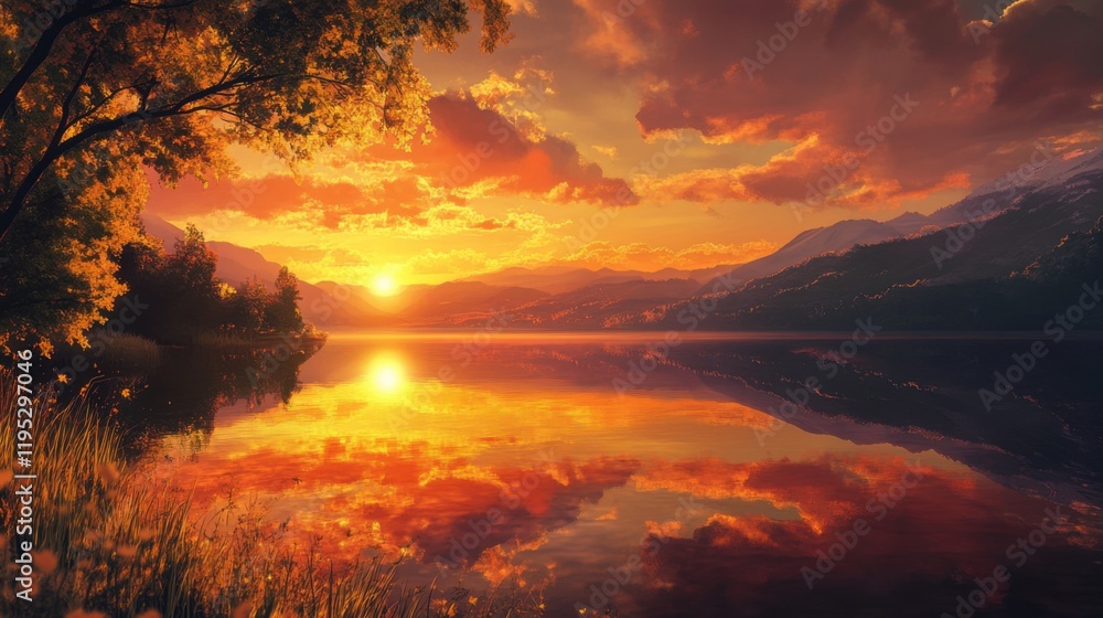 Naklejka premium Tranquil lake, golden hour. Generative AI