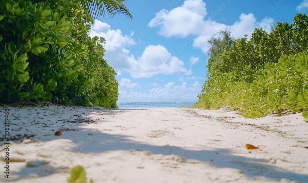 Tropical Beach Pathway Leading to the Ocean with Lush Foliage Tropical Beach Pathway Leading to the Ocean with Lush Foliage