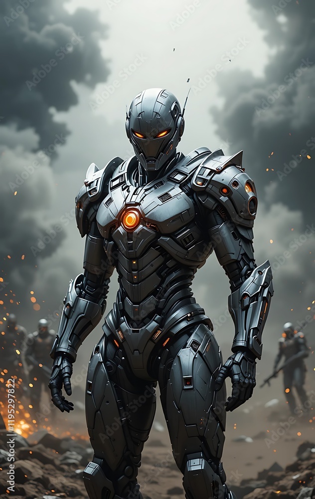 Naklejka premium Powerful Armored Robot: Dark Futuristic Digital Painting