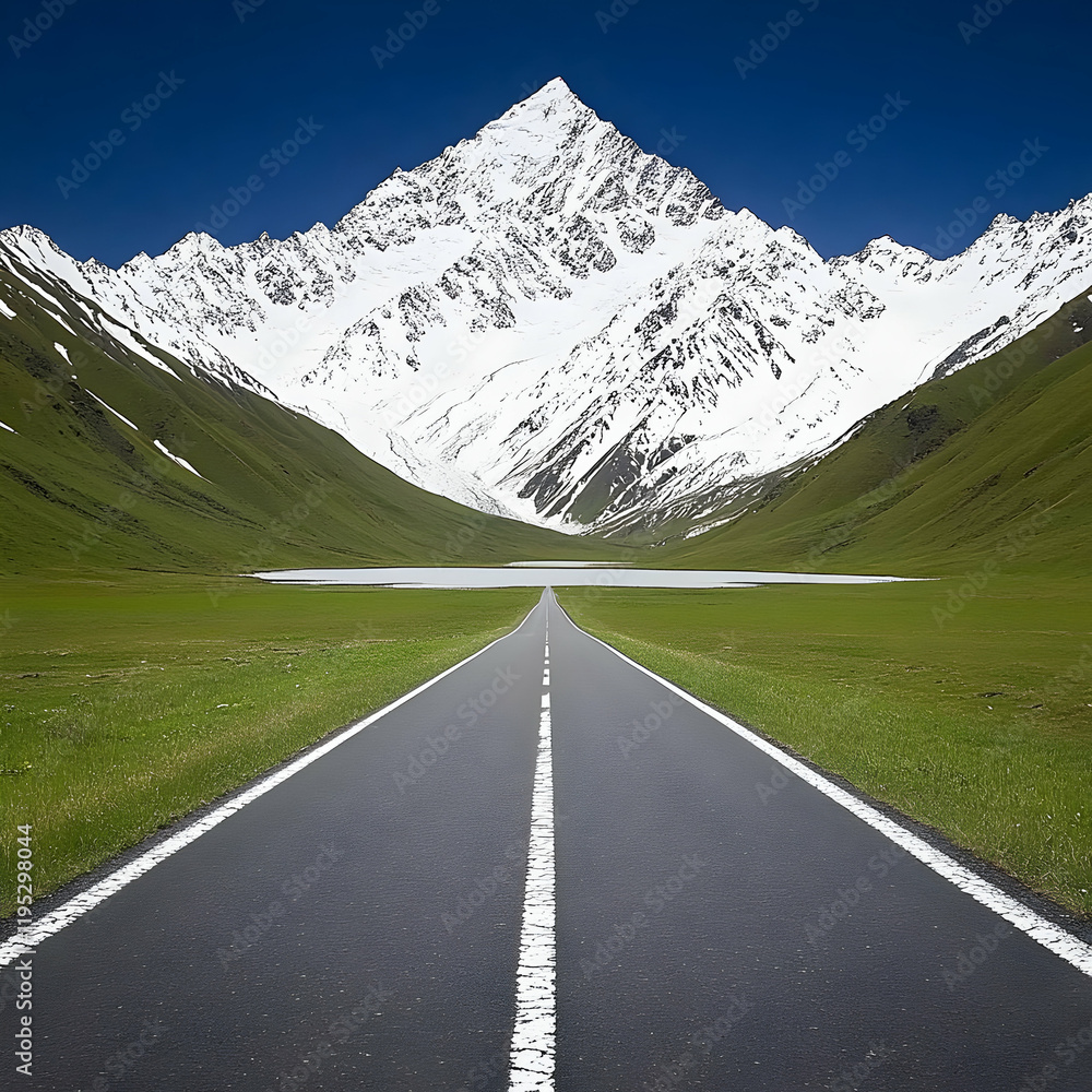 Fototapeta premium Asphalt Road to Snowy Mountain Illustration