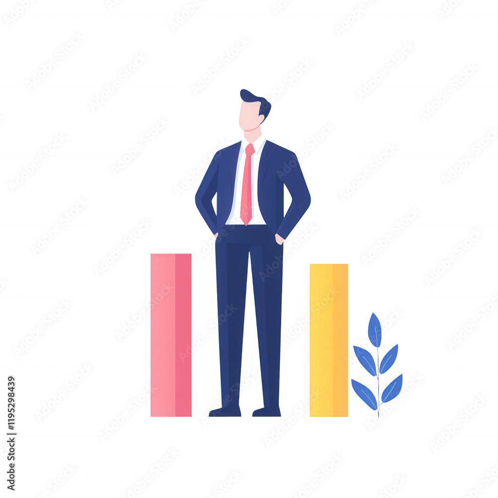 A confident businessman standing beside colorful bar graphs representing growth., isolated on a transparent background. A confident businessman standing beside colorful bar graphs representing growth., isolated on a transparent background.