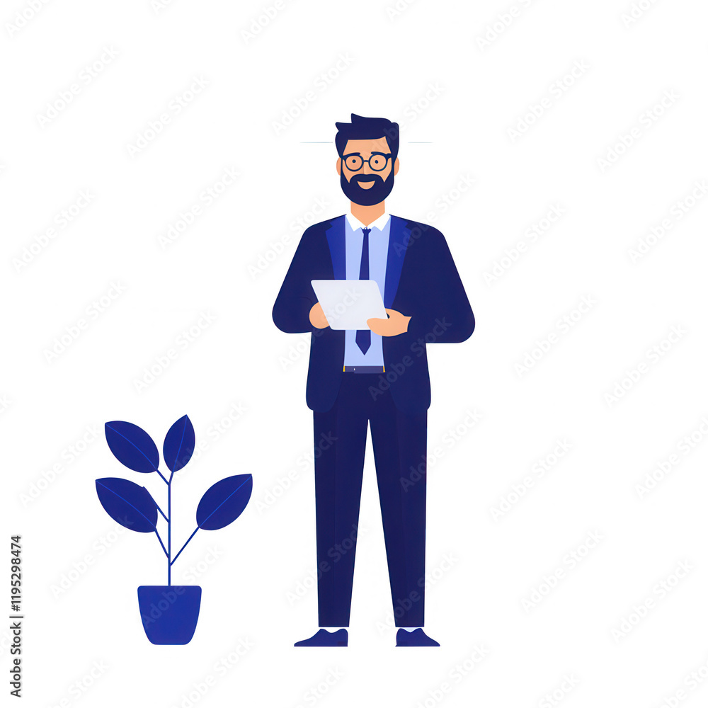 A confident businessman standing with a document next to a potted plant., isolated on a transparent background. A confident businessman standing with a document next to a potted plant., isolated on a transparent background.