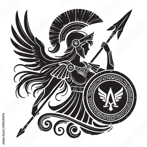 Athena's Aegis Silhouette Vector Illustration, Solid White Background.