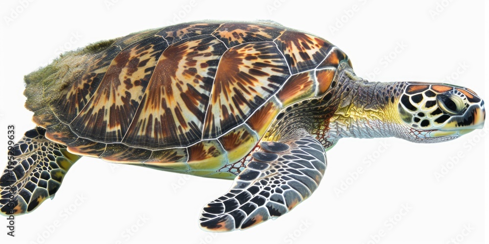 Obraz premium Turtle is swimming in the ocean. The turtle is brown and white