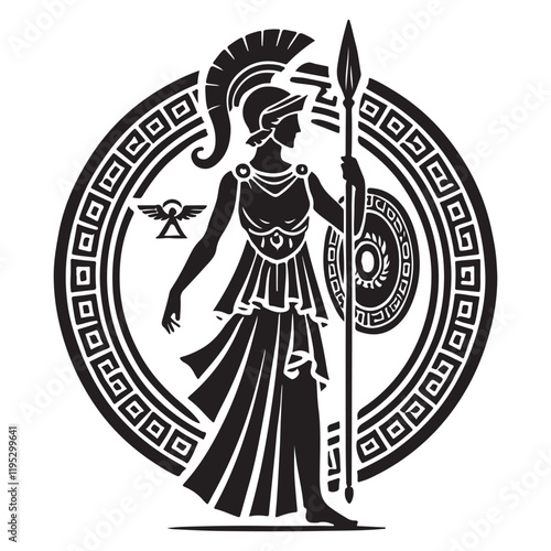 Athena's Aegis Silhouette Vector Illustration, Solid White Background.